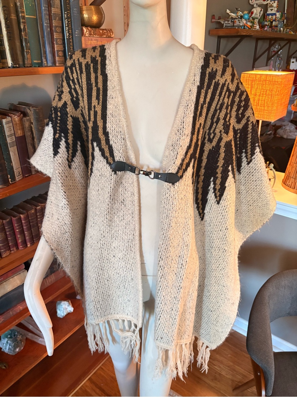 Vertigo Fringe Hem Open Front Poncho Sweater - Beige Black